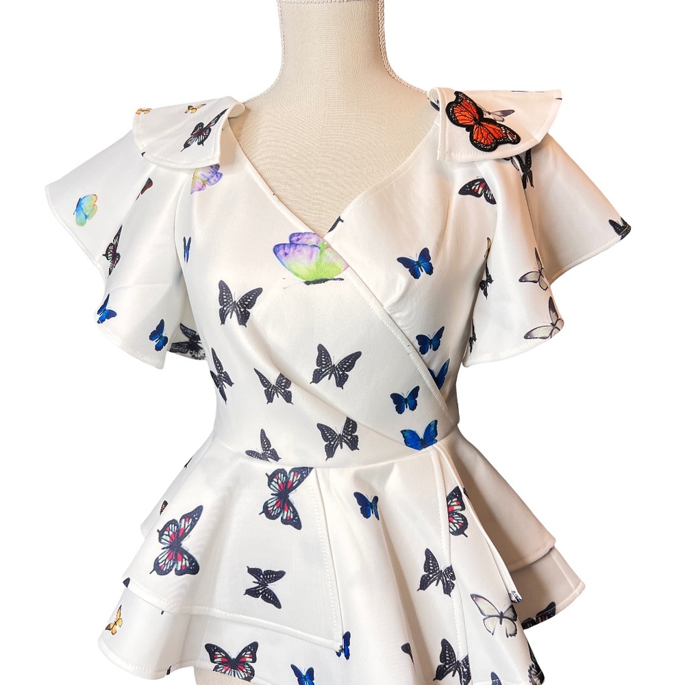 #A020  Why Dress  Romantic  White Butterfly  Peplum Top Size S  (NWT)
